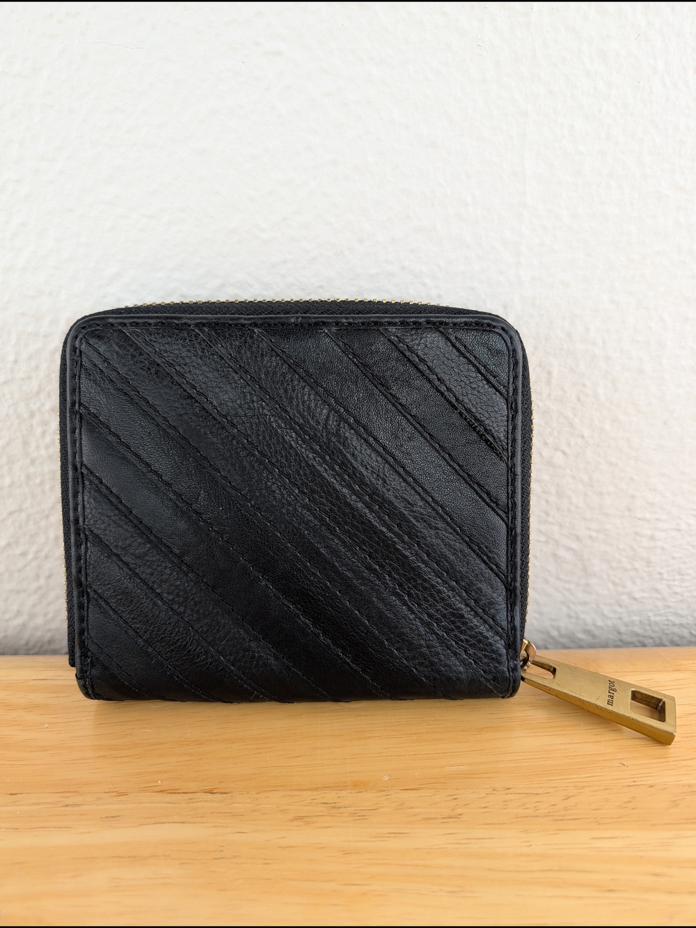 Margot Black Quilted Leather Zip Wallet Gold Toned Hardware Cards Cash Compact